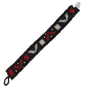 Handmade Seed Bead Cuff Bracelet Black Red White Geometric Tribal Boho 7.5 Inch
